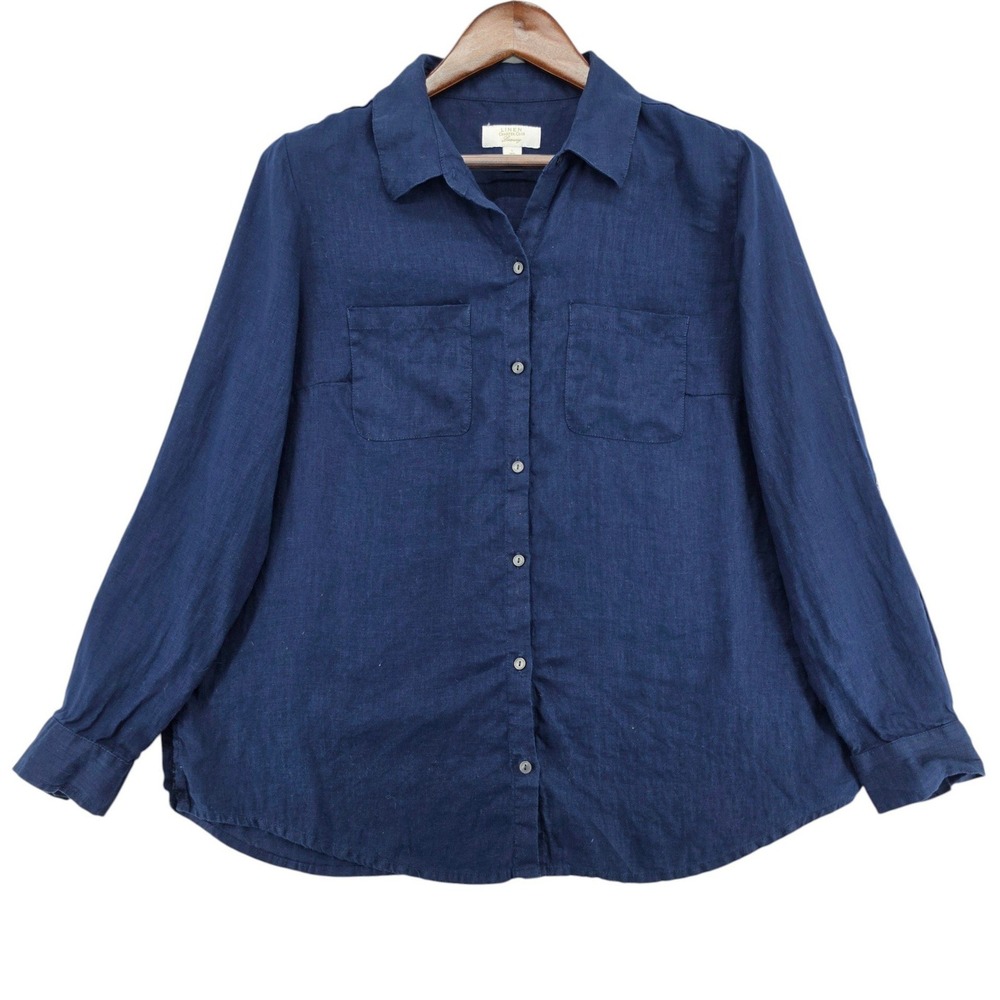 Charter Club 100% Linen Navy Button Shirt Large Roll Tab Coastal Luxury Top - Picture 2 of 4